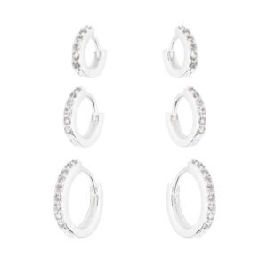 Trio de Argolas Cravejadas de Zircônias em Prata 925